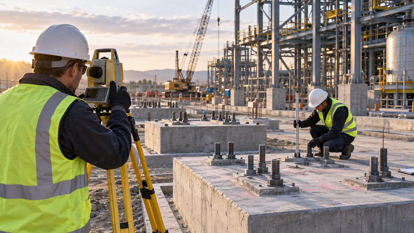 topógrafo da LHGEO operando estação total em área industrial